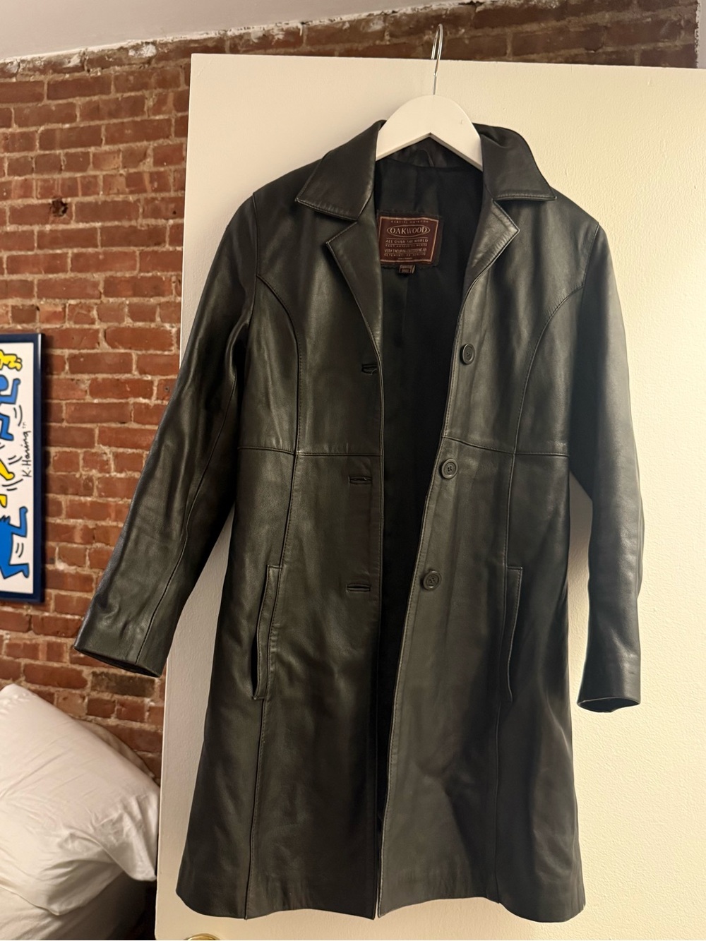 vintage black leather trench, XS mc